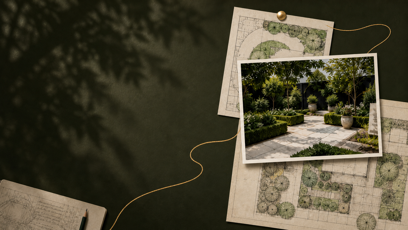 A hand-drawn garden plan layered with a photograph of a finished courtyard garden